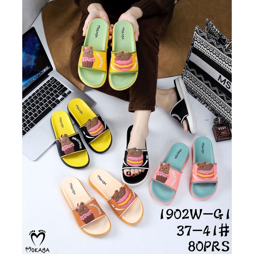 Sandal Slop Jelly Tebal Empuk Wanita Motif Boba Little Bear Super Empuk Cantik Lucu Trendy Kekinian Import Mokaya/ Size 37-41 (1902W-152/1902W-G1)