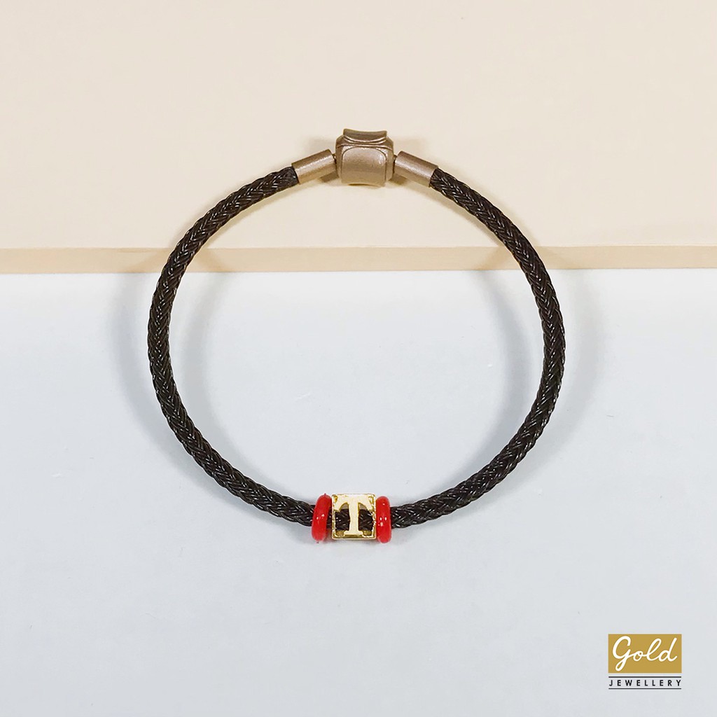 Gelang tali emas kuning kadar 700 70% inisial T tali pdr hitam