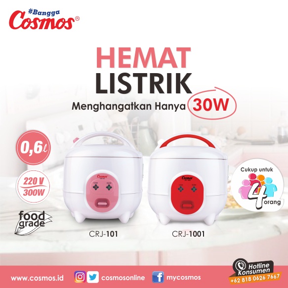 Magic Com Cosmos CRJ-1001 Kapasitas 0,6 Liter | Mejikom Penanak Penghangat Nasi CRJ 1001 CRJ 101 | Magicom Magiccom Mini 0.6 L