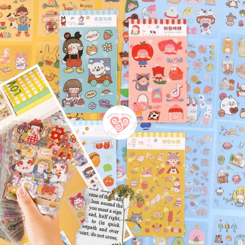 1 Lembar  Sticker Kartun Korea Lucu aesthetic Ukuran Besar | Stiker Deco Scrapbook Lucu Imut Kawaii Estetik