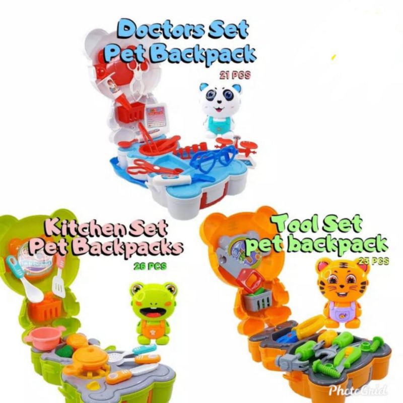 Pet backpack doctor kitchen tool make up set mainan anak balita batita koper hadiah dandan ransel