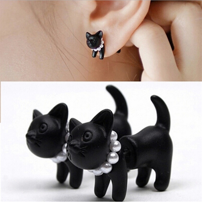 1pc Anting Tusuk Motif Kucing Hitam Aksen Mutiara Imitasi Ala Punk Untuk Unisex / Pria / Wanita