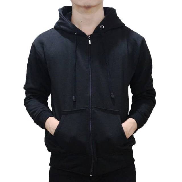 Jaket Sweater Polos Hoodie Zipper Resleting Hitam Pria Wanita