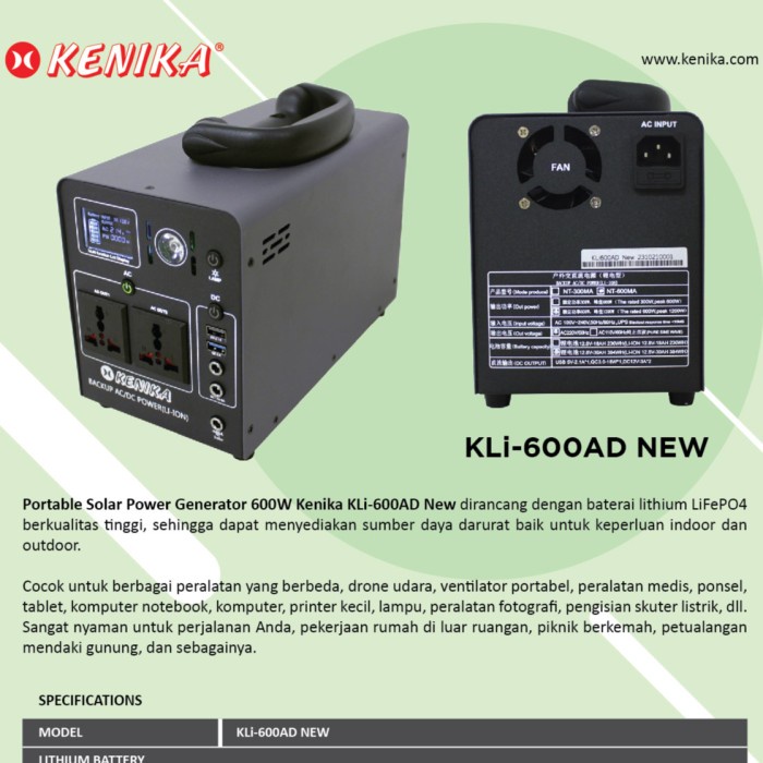 Portable Solar Power Generator 600W Kenika Kli-600Ad