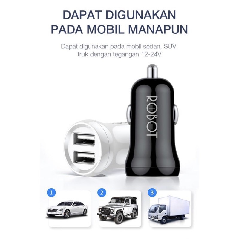 CHARGER MOBIL CAR ROBOT RT-C07 DUAL PORT USB FREE KABEL MICRO USB GARANSI RESMI NASIONAL