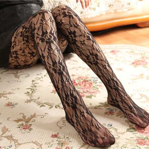 PH-24 sexy mesh flower stocking pantyhose motif bunga renda hitam lolita