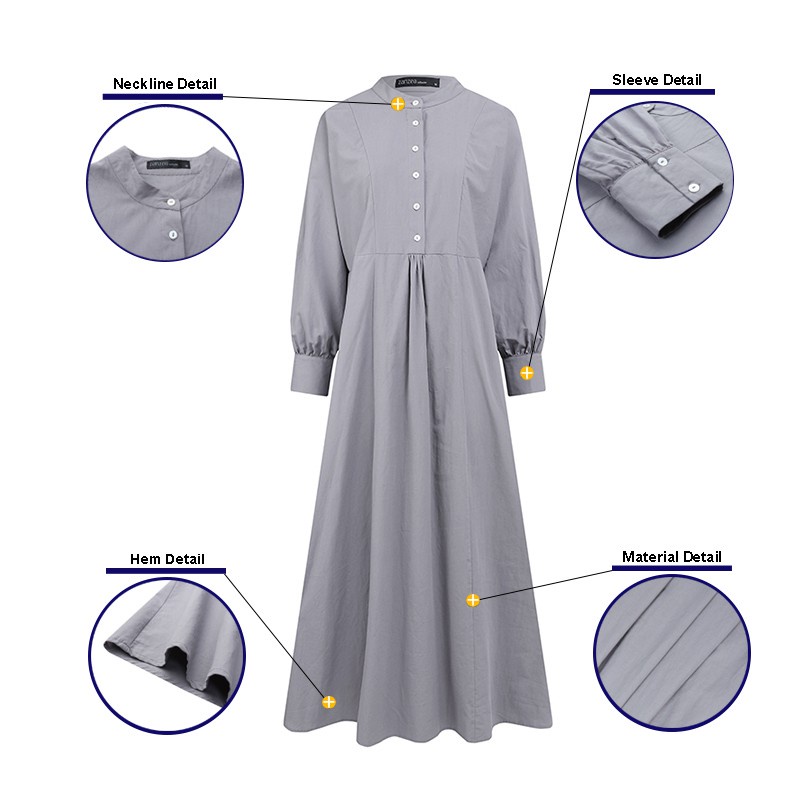 ZANZEA Women Muslim Buttons Long Sleeve High Waist Solid Color Maxi Dress