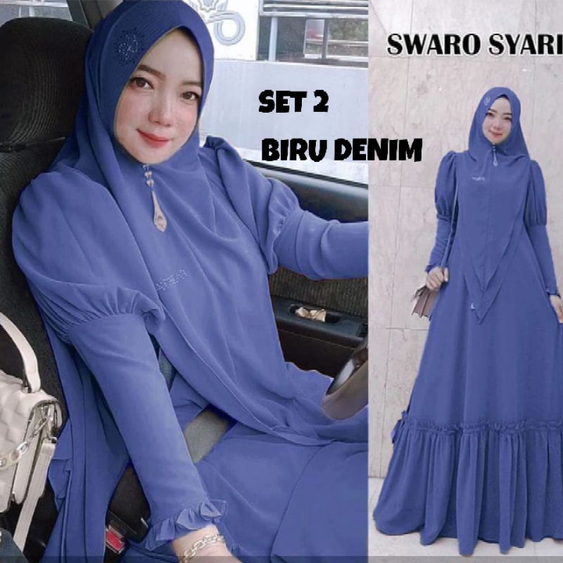 SWARO SETELAN GAMIS SYAR'I SET KHIMAR  WANITA 2 LAYER CERUTY BEBYDOLL ORIGINAL FULL FURING