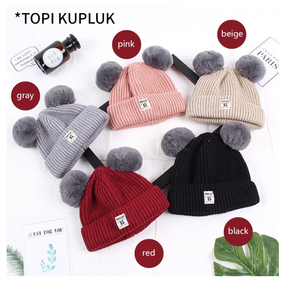 IMPORT HIGH QUALITY Topi Rajut 2 Pom 0-2 Tahun / Topi Kupluk Wool /  Topi Fleece Domba Anak / Rajut Bear Brown Pom CBKS 12 LC VC