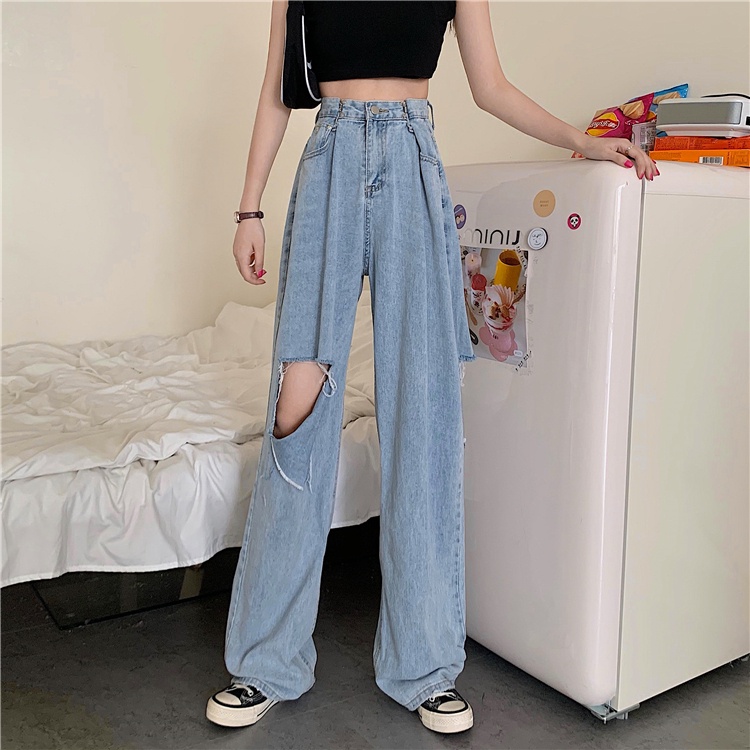 XIAOZHAINV  Celana Jeans Panjang Wanita Korean Style Highwaist Sobek 8678