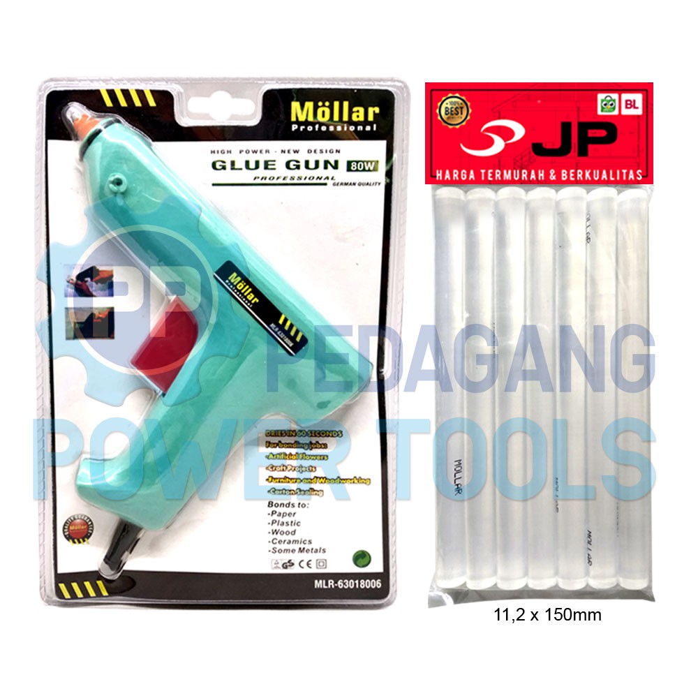 PAKET MOLLAR GLUE GUN 80 WATT BIRU &amp; 7 PCS REFILL LEM TEMBAK BESAR