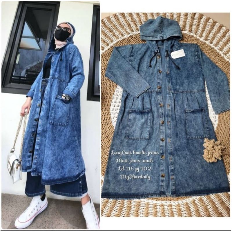 Tunik Jeans Hoodie - tunik jeans wash - tunik wanita