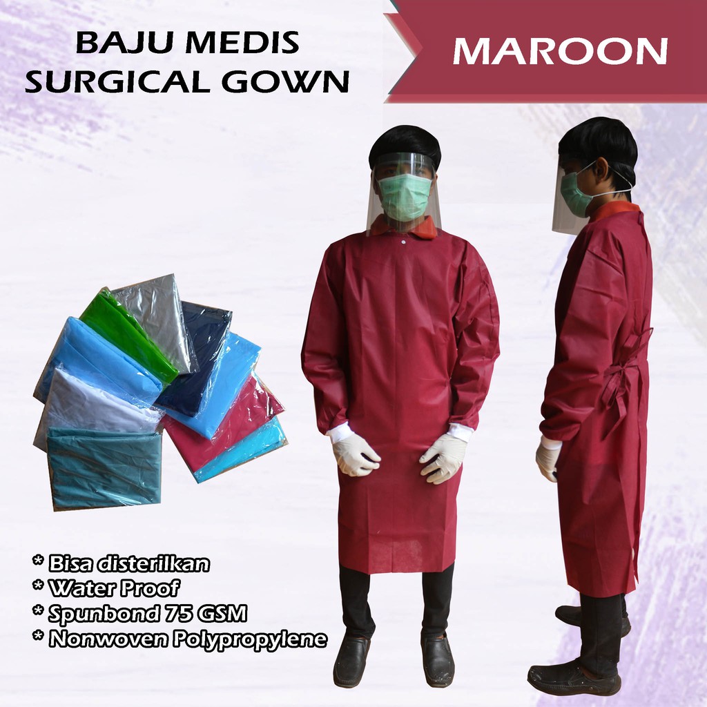 BAJU APD MEDIS SURGICAL GOWN BAHAN SPUNBOND 75 GSM  WARNA MAROON