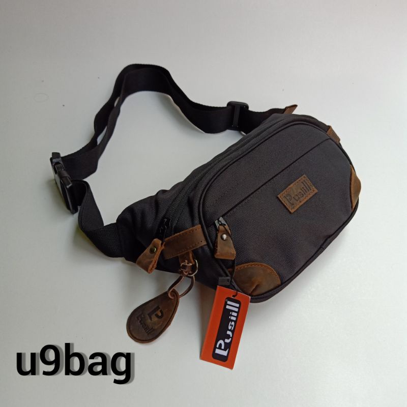 Waistbag Pusiill 1570 Hitam/Bhan courdura fabric'/kombinasi kulit sapi/taspinggang/tasselampang Pusiill/