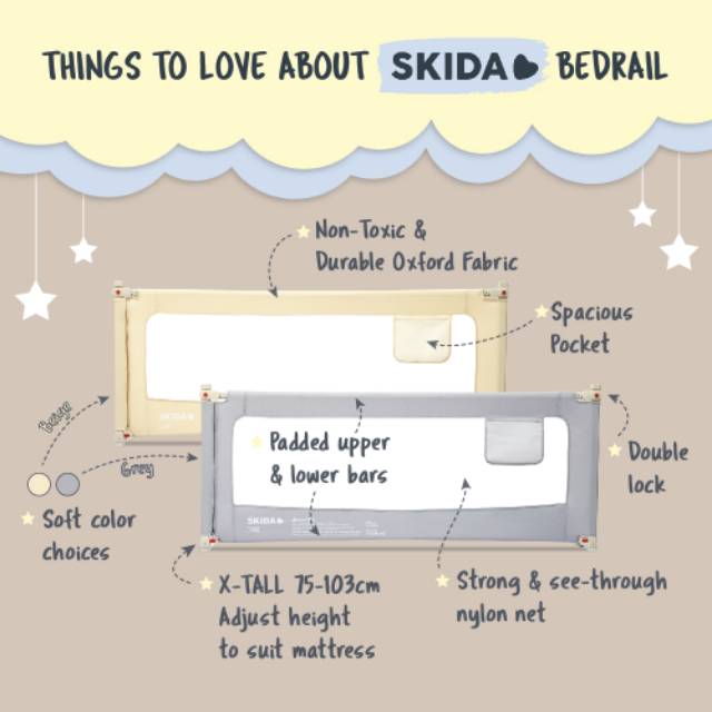 SKIDA❤️ Extra Tall [120cm, 160cm, 180cm, 200cm] Slide Down Bedrail Pagar Pengaman Ranjang Kasur Anak