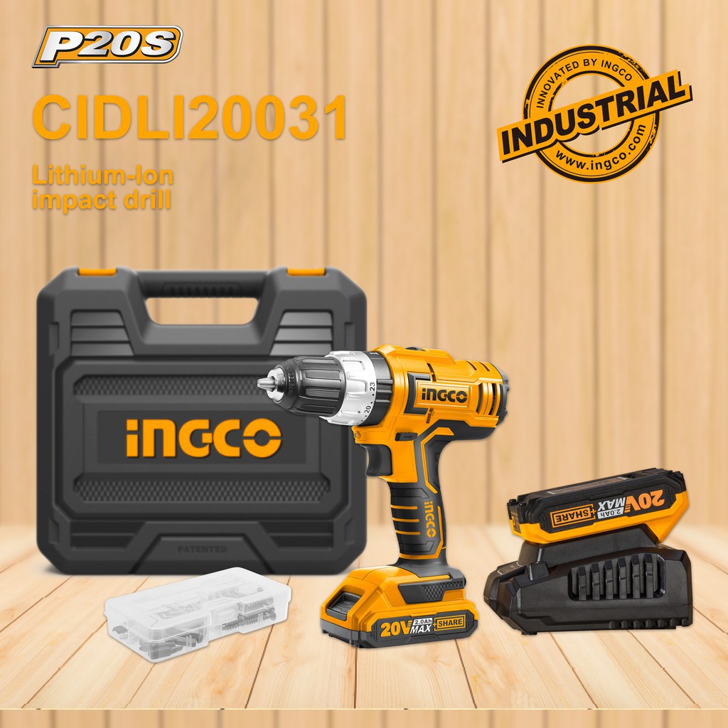 Mesin Bor Cordless Baterai 20v Impact 13mm INGCO CIDLI20031