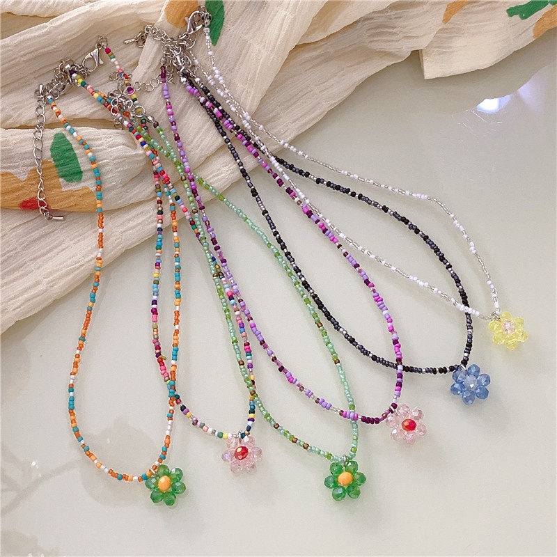 Korea Vintage Color Ceramics Rice Bead Crystal Necklace Flower Pendant Necklace