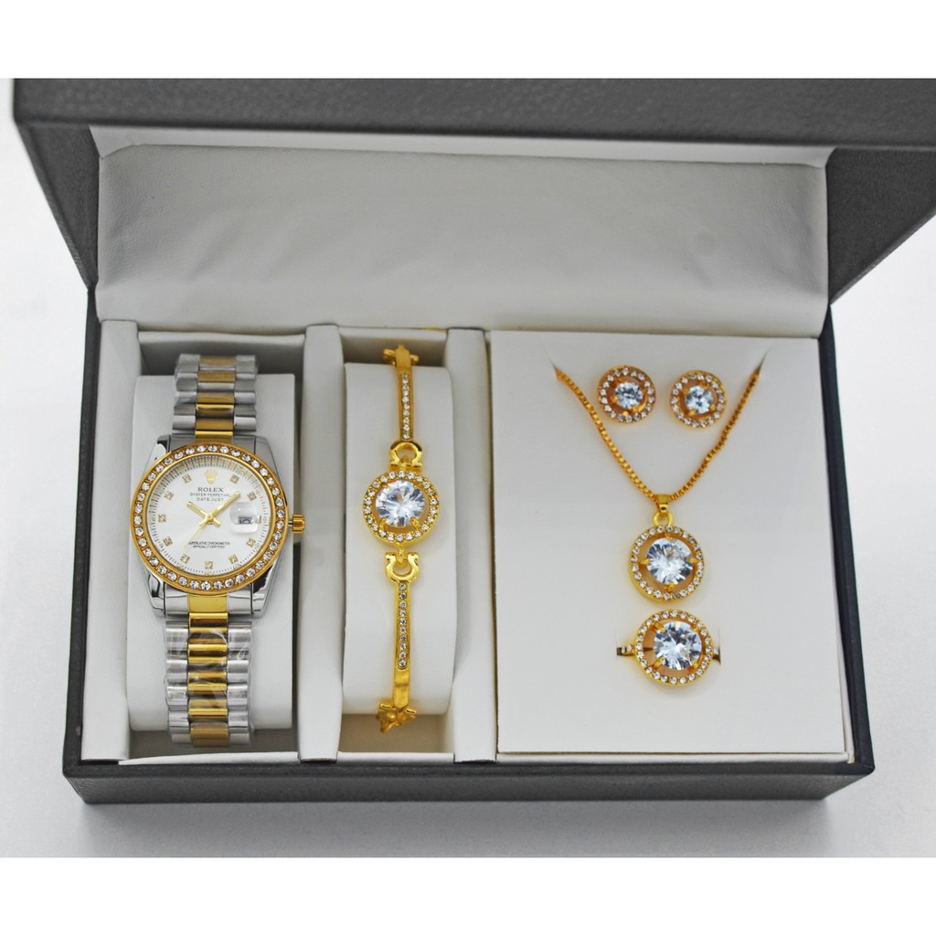 Grosir (SSC) jam tangan wanita rolex full set free anting+kalung+gelang+cincin+box terbaru GO 1245