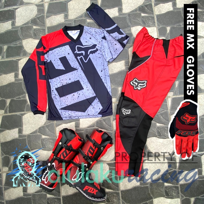 Jersey, Celana, Sarung Tangan &amp; Sepatu Fullprint with Protectors Fullset MX Trail Motocross - Paket Bundling FOCTFG100303-F43