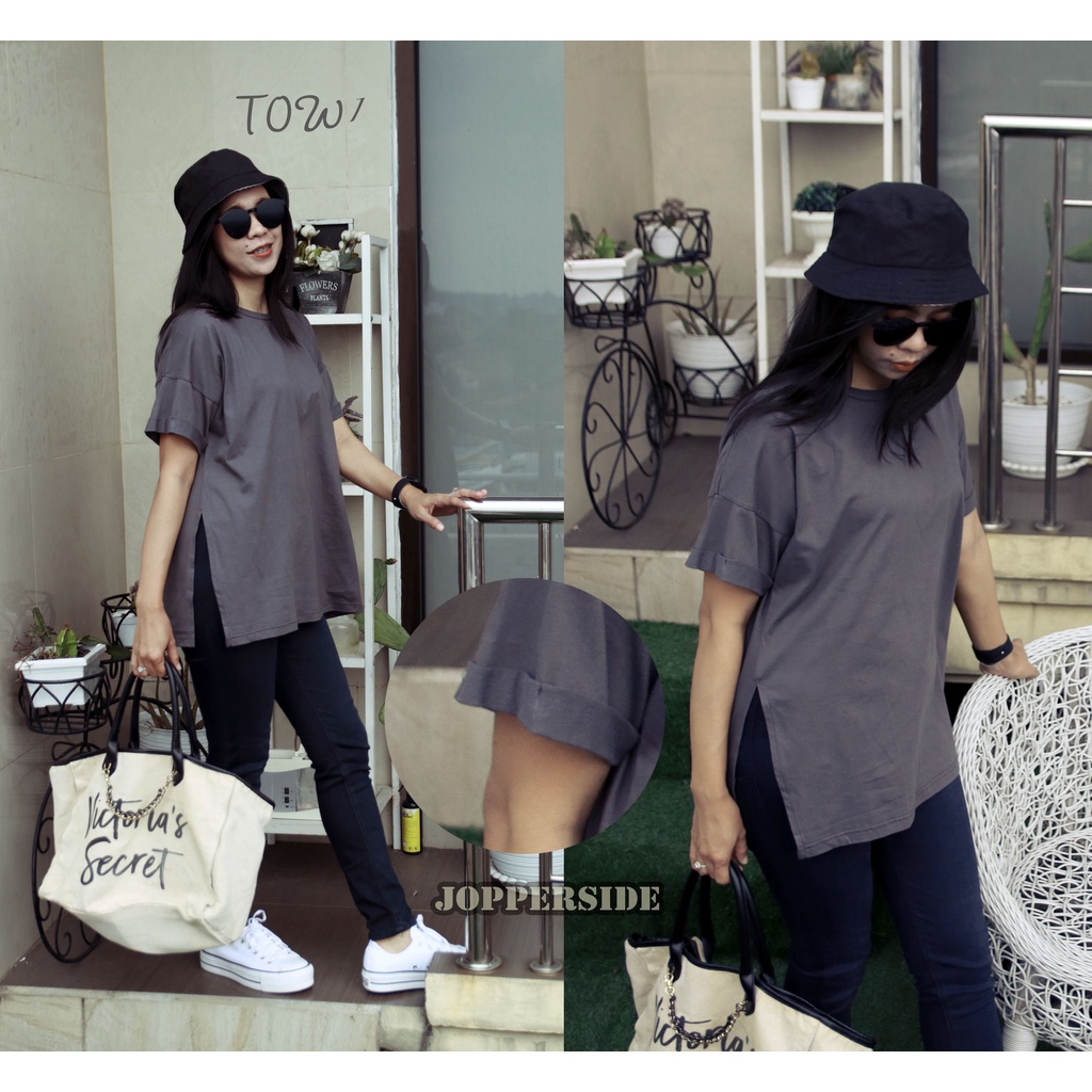Baju kaos oversize wanita belahan high slit samping ujung lengan lipat bahan katun premium tow1