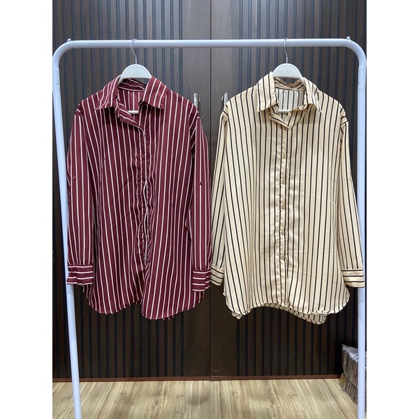 real pic Kemeja casual wanita jumbo/ kmj strip jumbo / striped long sleeve/jumbo size