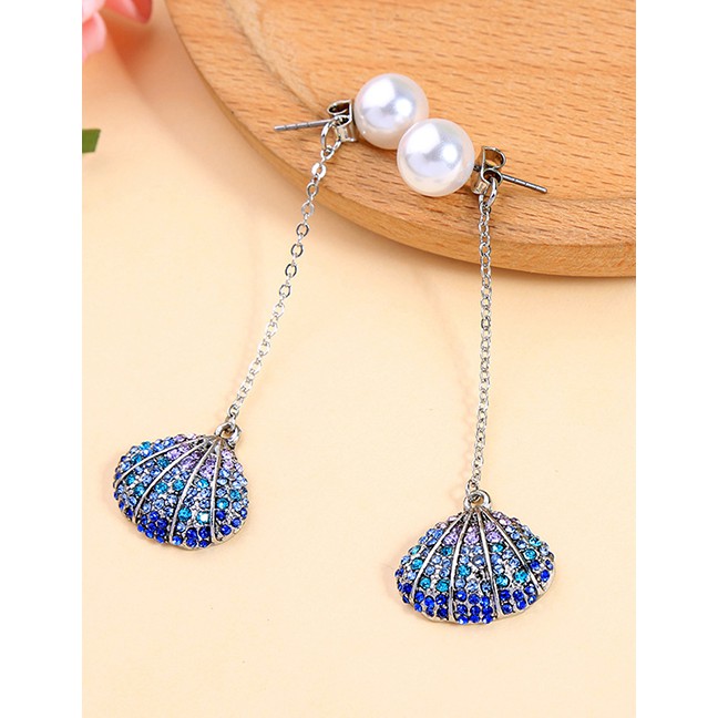 LRC Anting Tusuk Fashion Silver Color Pearls&amp;shell Decorated Long F22369