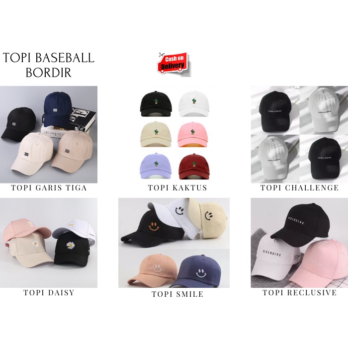 Topi Baseball Ring Besi Bordir Smile / Reclusive / Garis Tiga Tengah Kualitas Premium