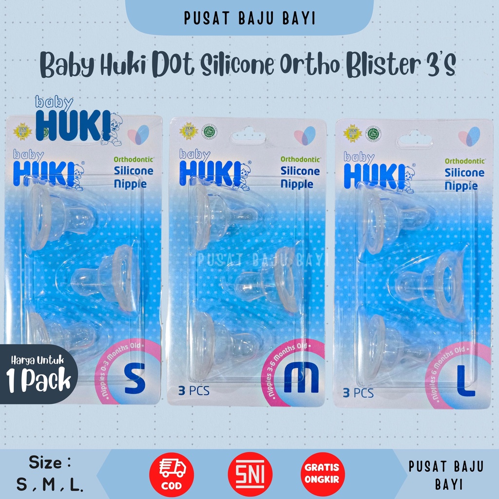 Baby Huki 3 pcs Dot Orthodontic Silicone Nipples Blister Dot Gepeng isi 3 | Dot Ortho Gepeng isi 3 S M L  BPOM HALAL 100 % Original