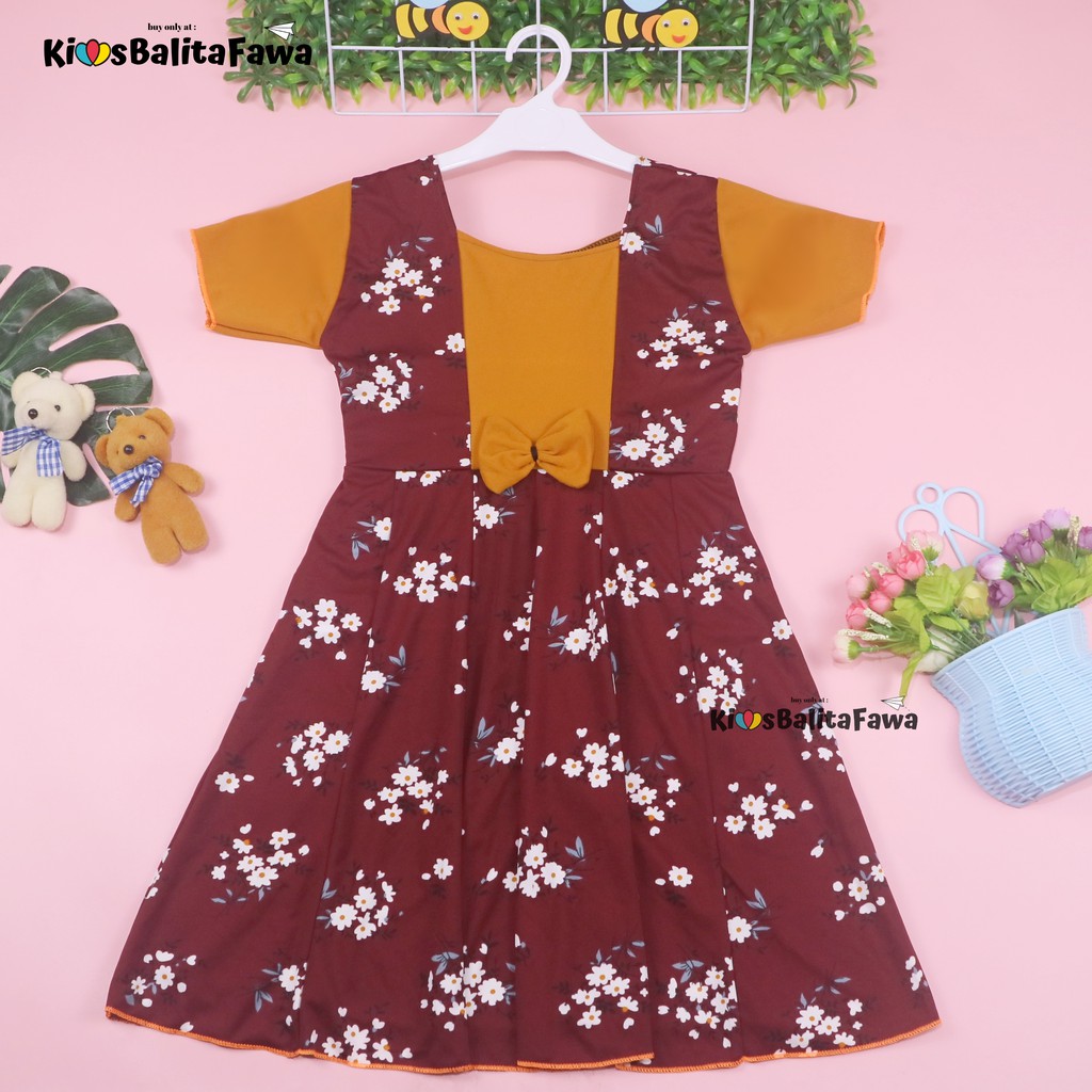 Dress Nadine uk 6-8 Tahun / Dress Anak Perempuan Gaun Polos Flower Lengan Dres Baju Import