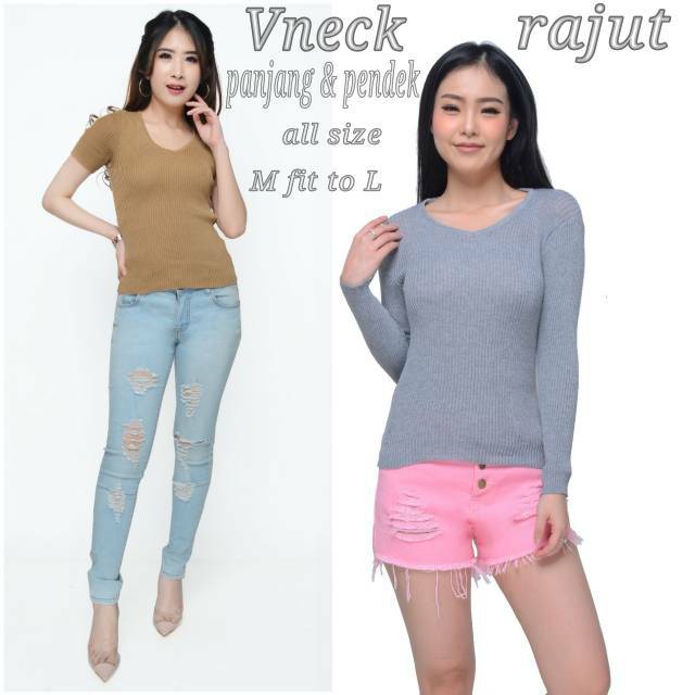 Atasan rajut wanita / Vneck rajut lengan pendek dan panjang