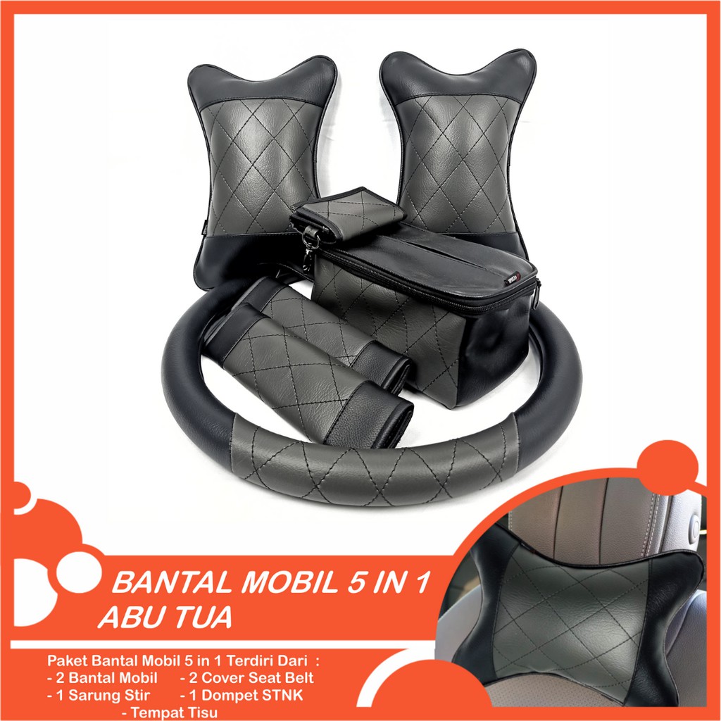 Set Bantal Mobil 5 in 1 Premium Bantal Leher Cover Stir Seatbelt Tempat Tisu Free Dompet STNK