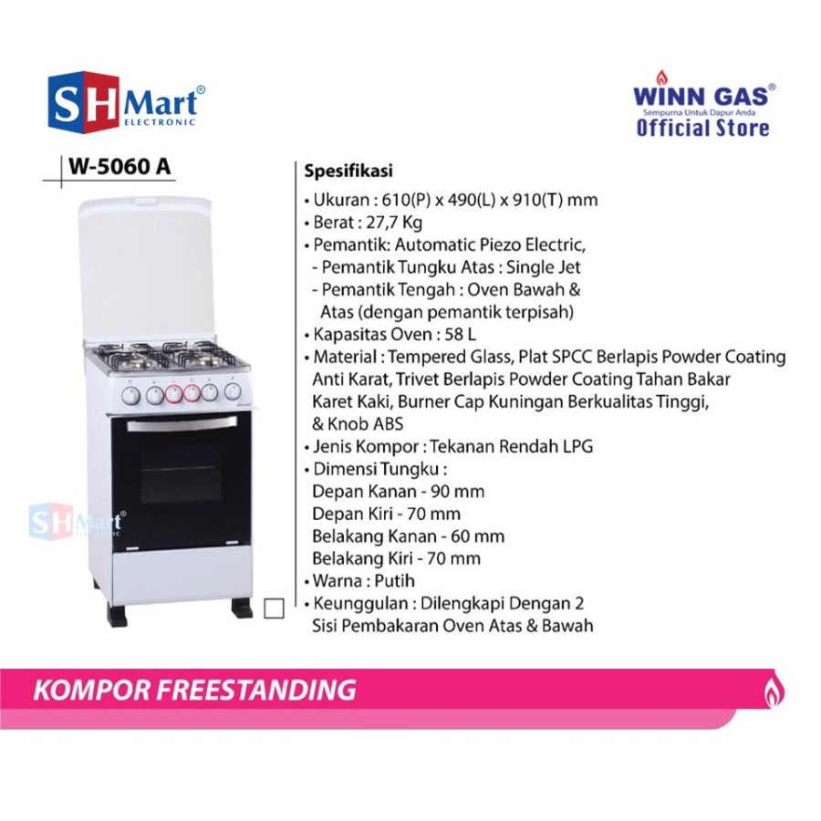 FREE STANDING WINNGAS W-5060A WINGAS OVEN GAS API ATAS DAN BAWAH  MURAH ( MEDAN)