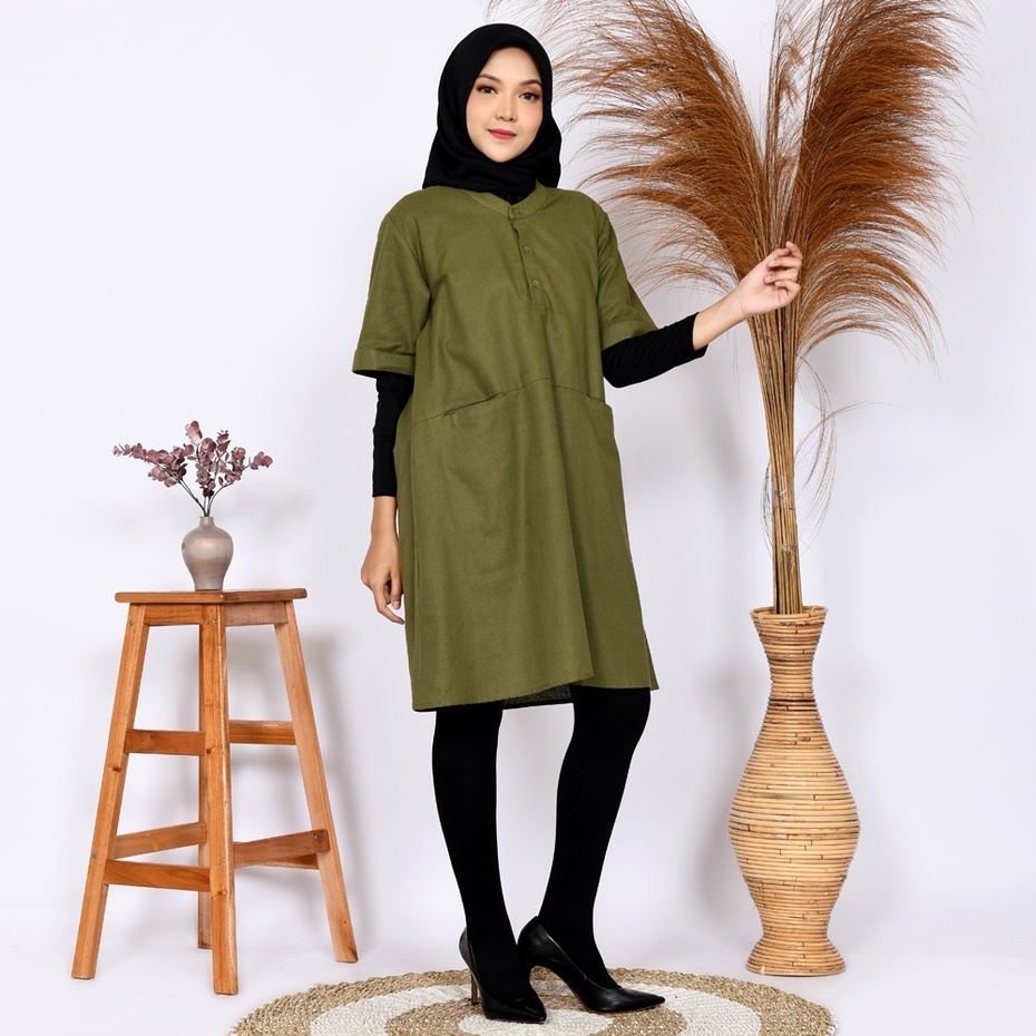 Dress Casual Wanita Oversize bahan Linen Rami Maxi Dress Kantor Simple