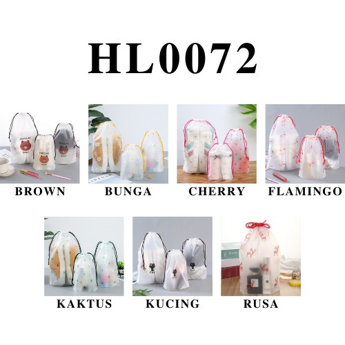 HL0072 Pouch Transparan Motif Karakter Tas Serut Travel Storage Bag Make Up Organizer Anti Air S1013
