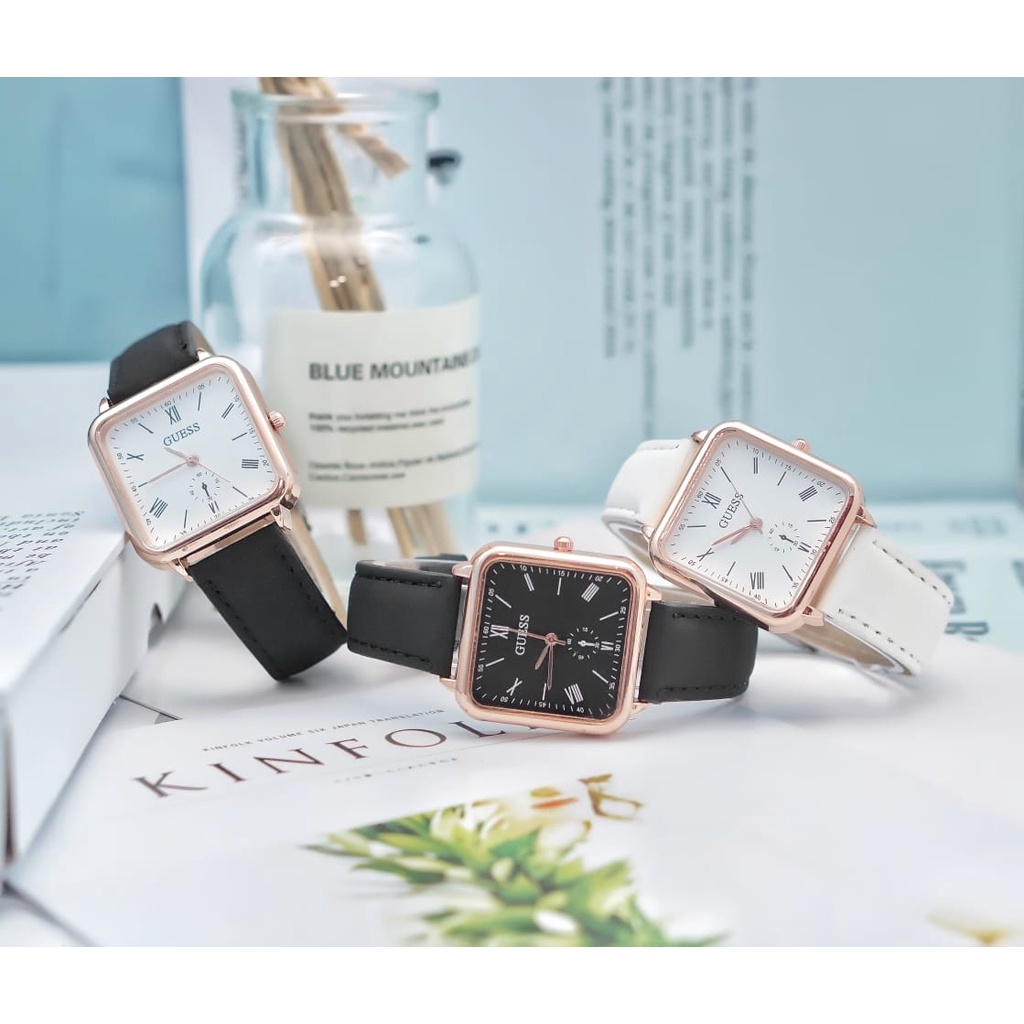 PA Jam Tangan Quartz Strap Rubber PU Analog Casual Gaya Retro Wanita Persegi Watch Korean Fashion Romawi Chrono RM044