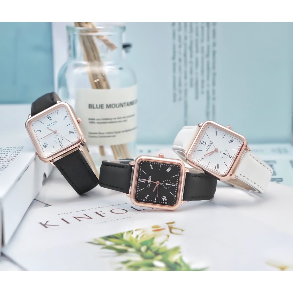 BAJ Jam Tangan Quartz Strap Rubber PU Analog Casual Gaya Retro Wanita Persegi Watch Korean Fashion Romawi Chrono RM044