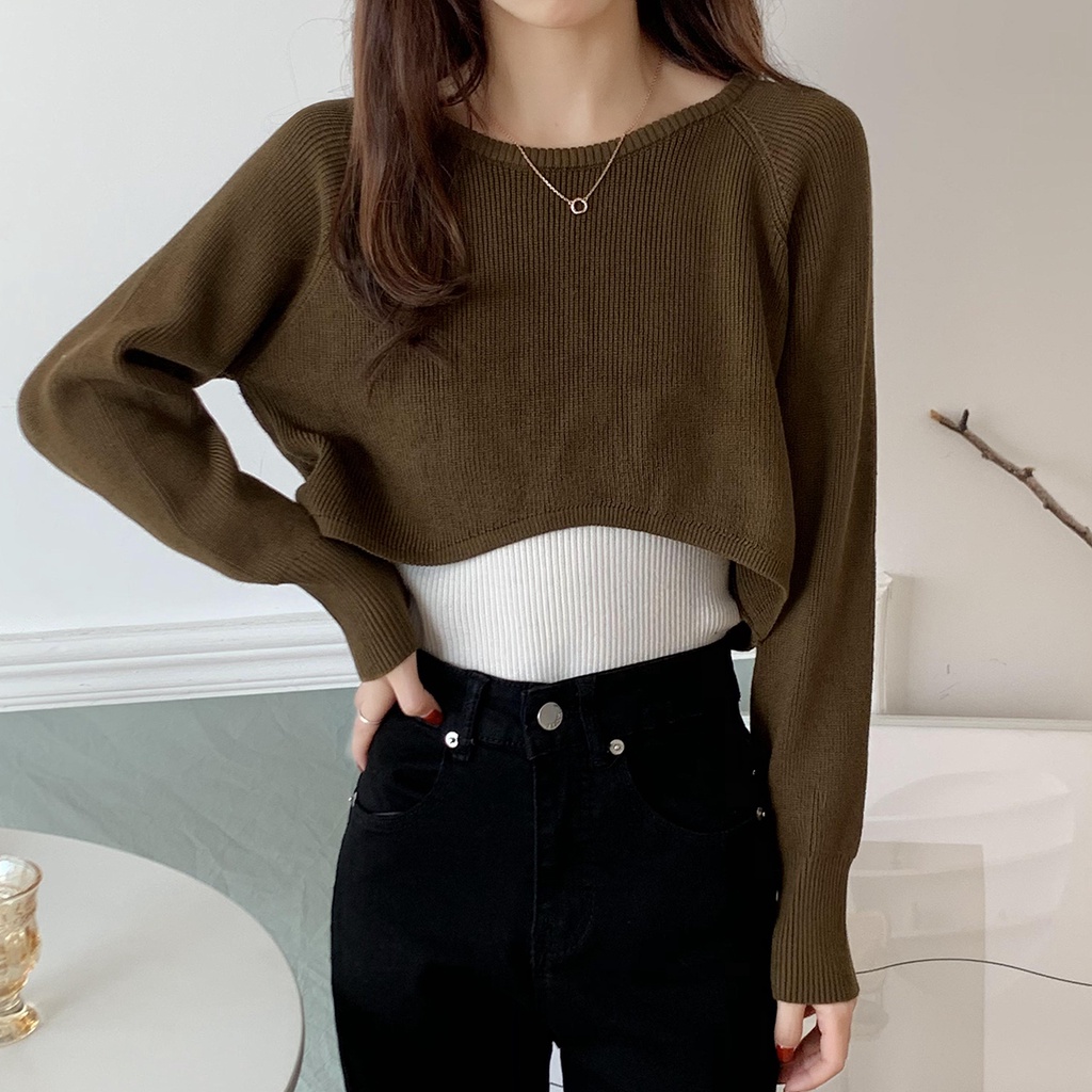 Knit T-Shirt Crop Top Kaos Rajut Lengan Panjang Wanita Korean Style