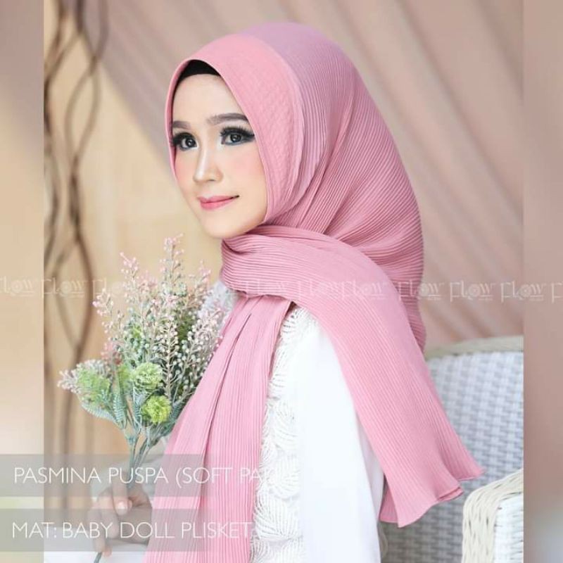 Hijab Jilbab motif polos pesta Casual branded Pasmina Puspa Plisket Soft Pad original Flow Idea