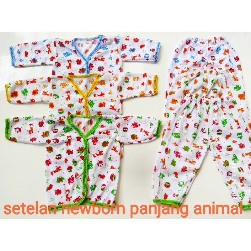 3pc Baju Bayi Newborn Setelan PANJANG Kancing Depan Motif Sablon Warna