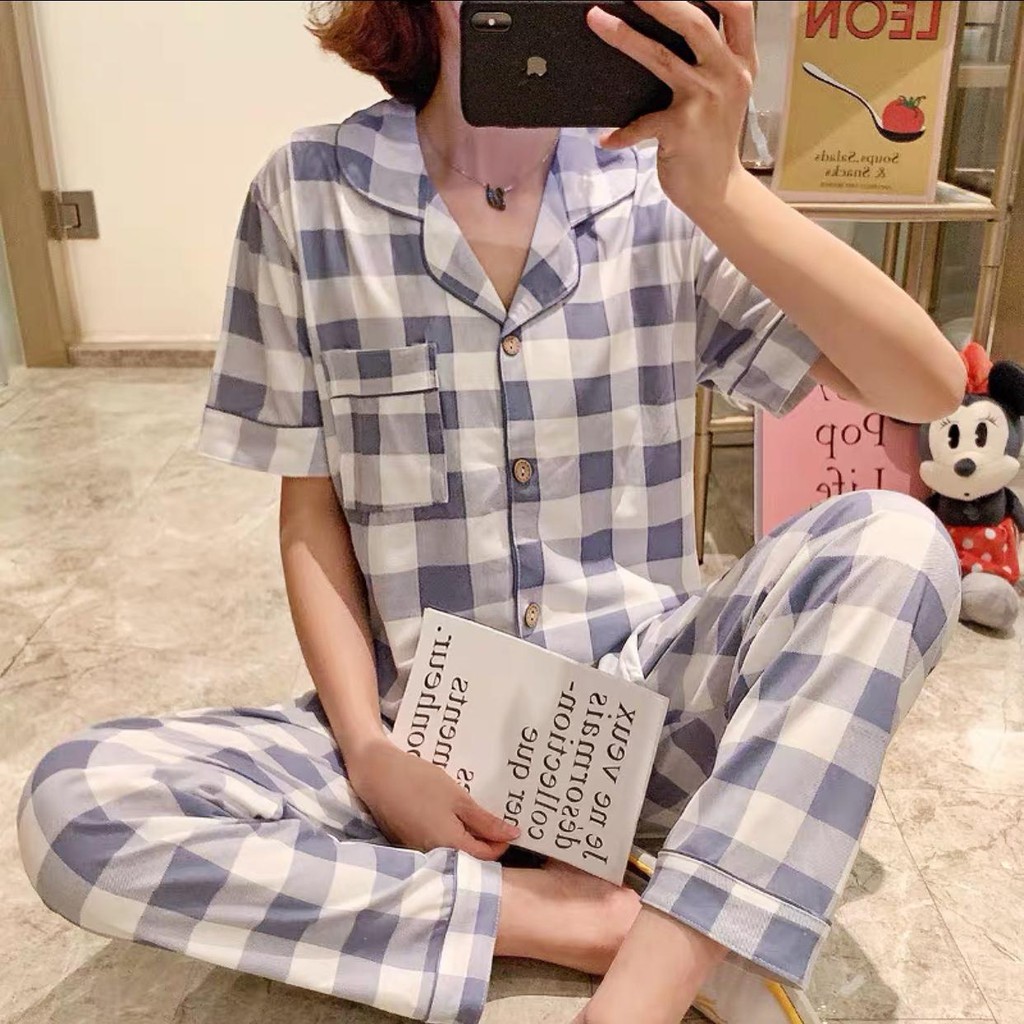Baju Tidur Piyama Set/Piyama Wanita Import/Baju Piyama Lengan Pendek/Short Sleep Wear A1-A10-A6-Abu Kotak