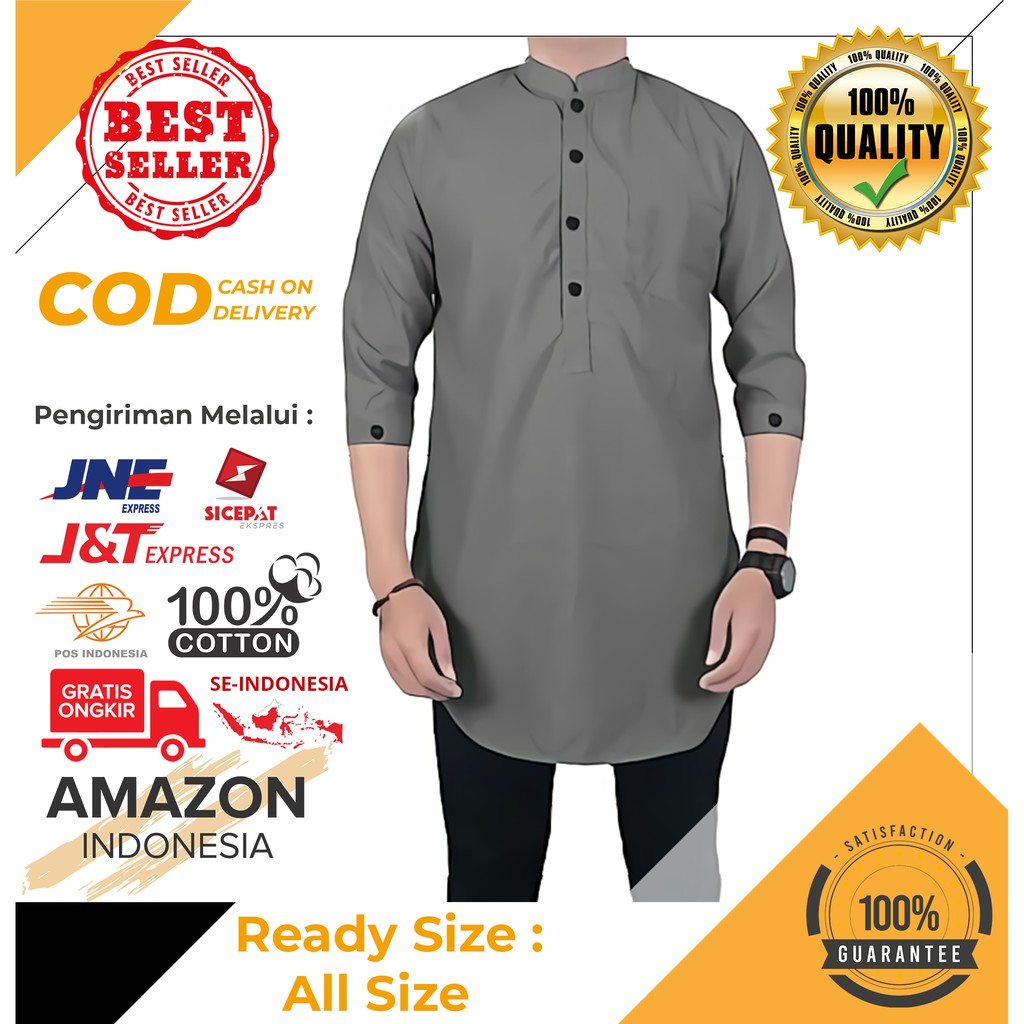 BAJU KOKO PRIA MUSLIM WARNA GREY ABU ABU BAHAN KATUN DINGIN ORI IMPORT BEST QUALITY CASUAL MURAH