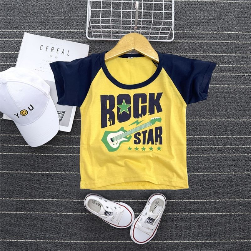 KAOS RAGLAN ANAK LAKI LAKI / KAOS ANAK PREMIUM - BAJU ATASAN ANAK COWOK 1-8 THN-ROCK STAR KUNING