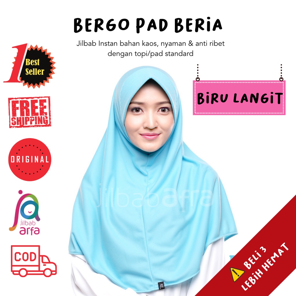 Jilbab Beria Biru Langit - Bergo Jilbab Afra - Hijab Instan Bahan Kaos, Adem & Lembut