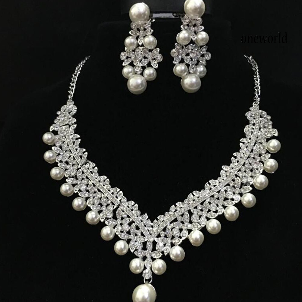 OW@ Women Faux Pearl Rhinestone Pendant Necklace Earrings Crown Tiara Jewelry Set