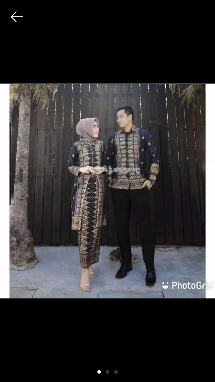 Couple Setelan Batik Songket Palembang Dasar Hitam  Bunga Abu