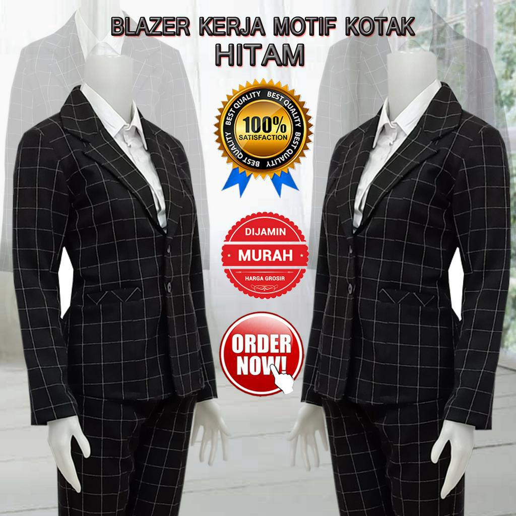 Blazer Kerja Wanita Hitam Kotak-kotak Formal Kantor Lengan Panjang