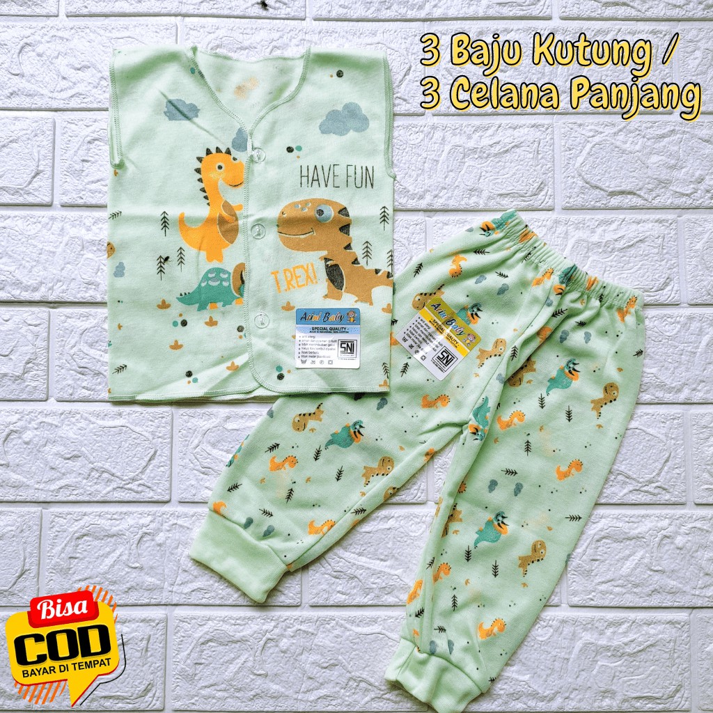 6 PCS Perlengkapan Baju Celana Bayi Baru Lahir 3 Baju Kutung 3 Celana Panjang Motip SNI ARINI BABY