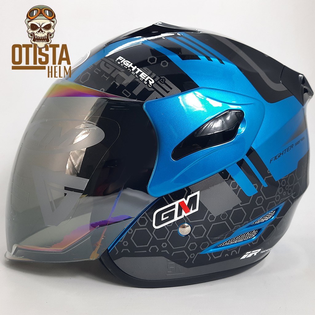 Helm Half Face Gm Fighter 911 Blue Metalic Silver Corak Biru Glossy