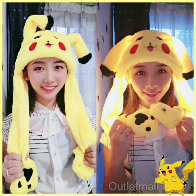 topi pikachu LED Lampu gerak kuping kelinci bunny hat