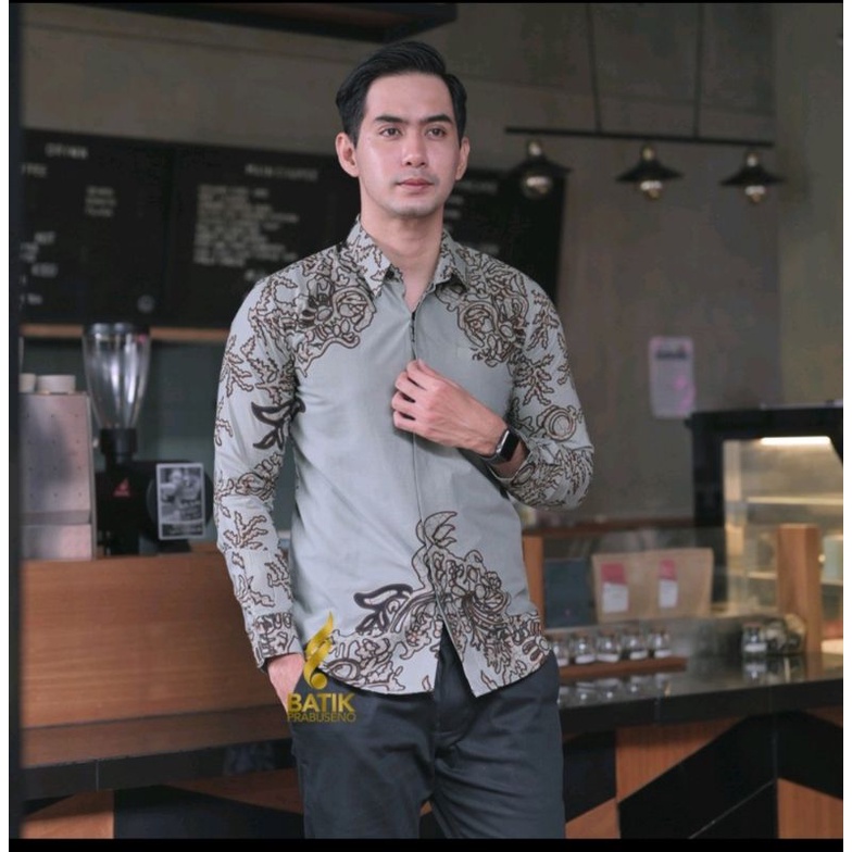 DAMAR WULAN Batik Pria Slim Fit Lengan Panjang Furing Halus Katun Printing Lampion Kemeja Laki | Batik Abu Abu Kantor Dinas | Atasan Batik Tradisional Indonesia